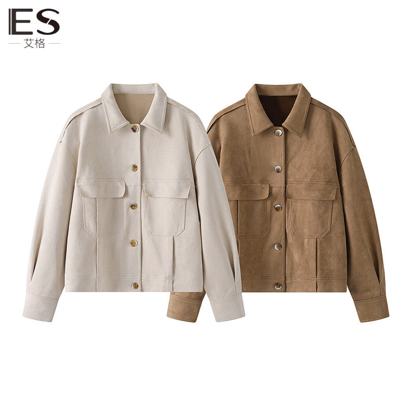 Etam/艾格ES复古仿麂皮绒短外套女2023秋新款小个子休闲夹克上衣