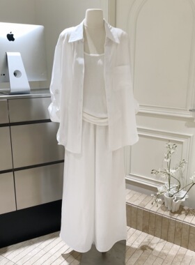 5werkwen衬衫女秋季白色气质百搭宽松休闲慵懒风苎麻长袖衬衣套装