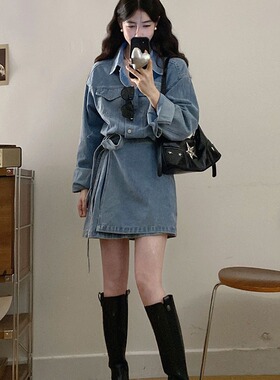 实拍～S-4XL随性自由派复古港风翻领水洗牛仔连衣裙气质收腰