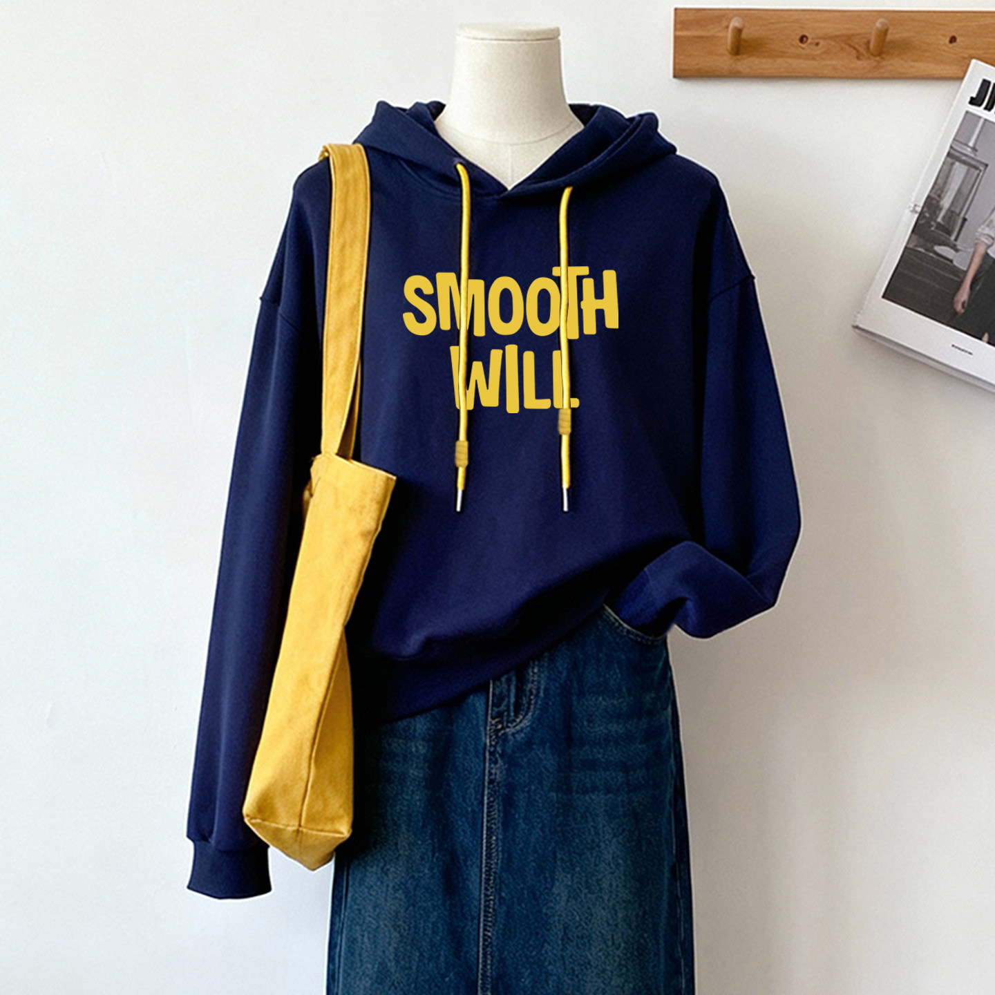 撞色韩版连帽加绒卫衣女款秋冬2025爆款小个子学生上衣藏青色外套