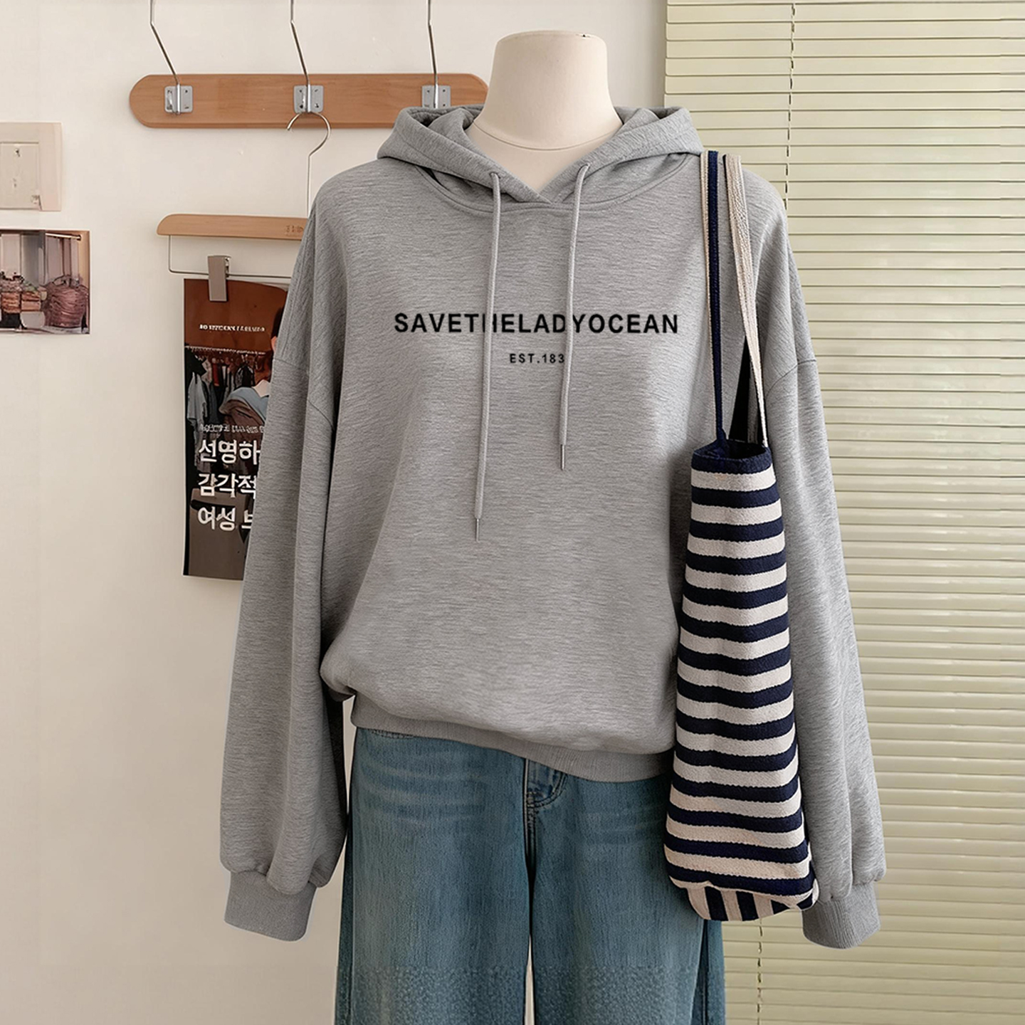 韩系灰色休闲加绒字母连帽卫衣女