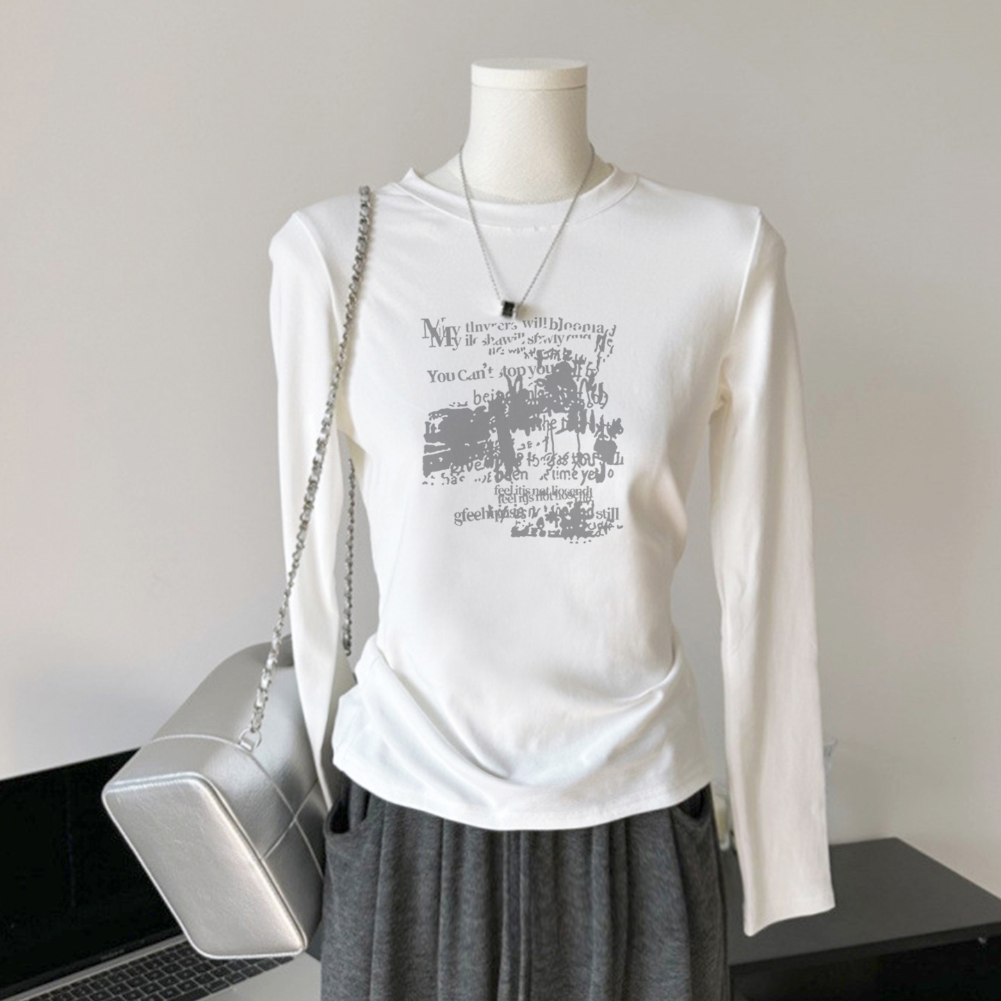 韩版美式字母白色百搭修身长袖女