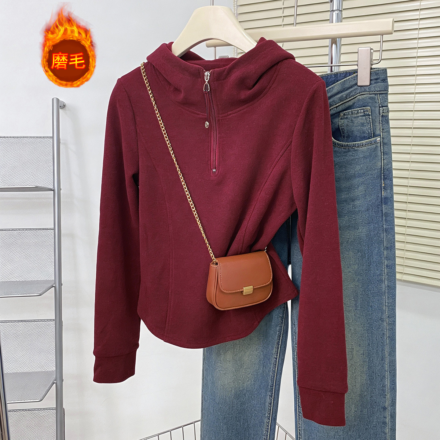 红色磨毛连帽打底衫女2025秋冬半拉链德绒保暖上衣修身显瘦内搭潮,女装/女士精品,T恤,淘宝优惠券,粉丝福利购,淘宝优惠卷