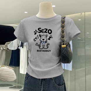 夏装 短袖 T恤女2025新款 收腰上衣休闲体恤潮 薄款 修身 正肩时尚 短款