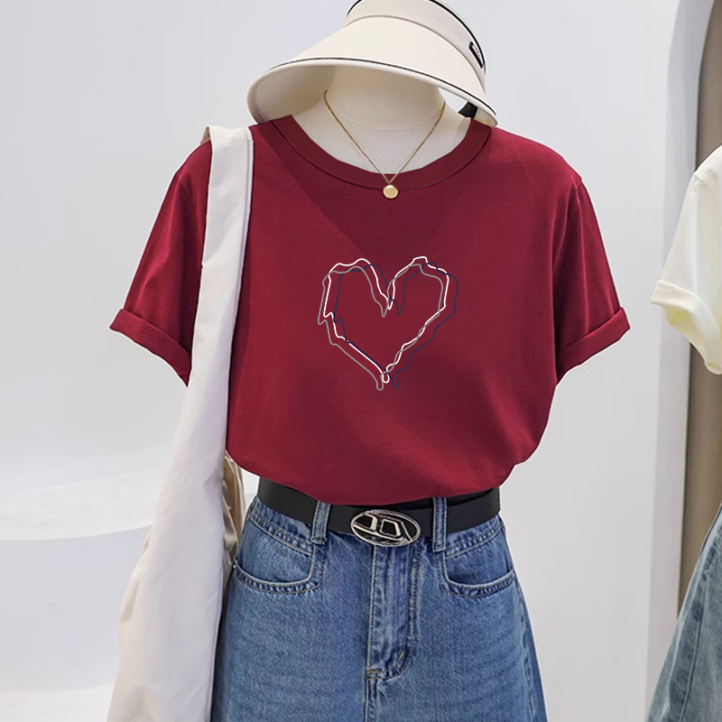 短袖枣红色爱心印花纯棉t恤女潮