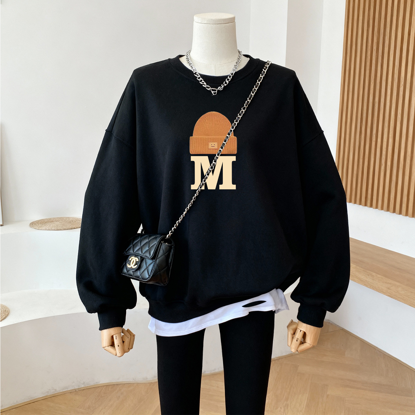 设计感大版假两件中长款卫衣女秋冬爆款配鲨鱼裤上衣休闲遮臀外套