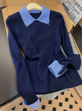 深蓝色撞色翻领长袖针织衫女套头秋冬高级保暖打底衫气质修身上衣
