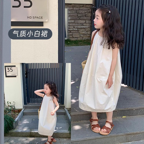 女童小众纯色夏季开叉无袖连衣裙