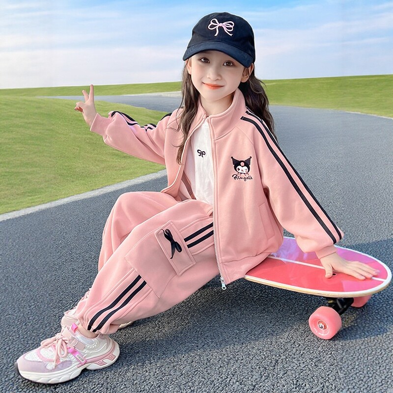 女童卡通拉条网红运动套装图片