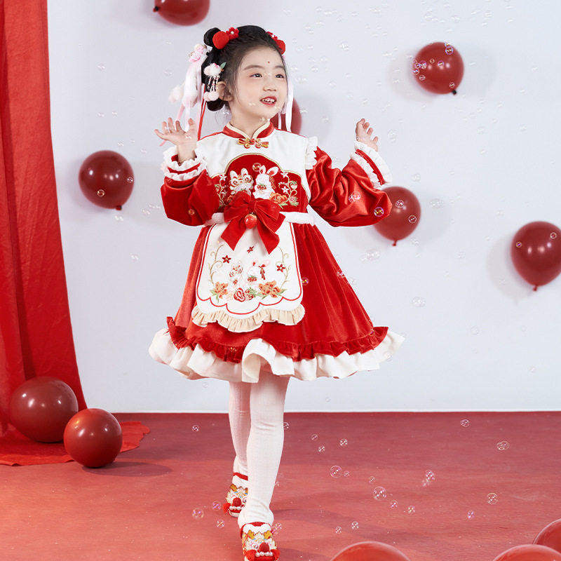 儿童汉服洛丽塔女童新款拜年服红色过年连衣裙斗篷加绒加厚冬