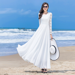 白色连衣裙雪纺长袖 气质显瘦大摆长裙到脚踝超长款 2024春夏新款