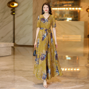 印花连衣裙女夏季2025新款轻奢高级感长款收腰显瘦气质到脚踝长裙