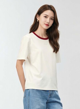 ANN SHAO夏系列专柜同款圆领领口镶边色短袖常规T恤休闲宽松型