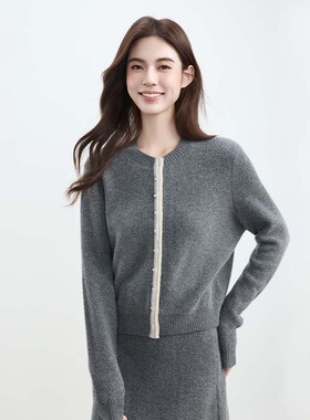 新款100%山羊绒复古优雅宽松圆领长袖毛衣开衫女上衣