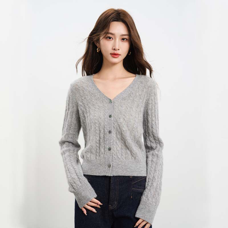 V领麻花纹羊绒开衫女秋冬百搭纽扣针织衫