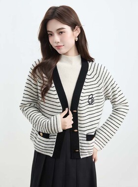 新款100%山羊绒V领长袖毛织条纹毛衣开衫显瘦女通勤