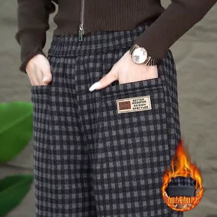 进忆加绒加厚毛呢哈伦裤女高腰弹力休闲裤宽松大码直筒妈妈格子裤