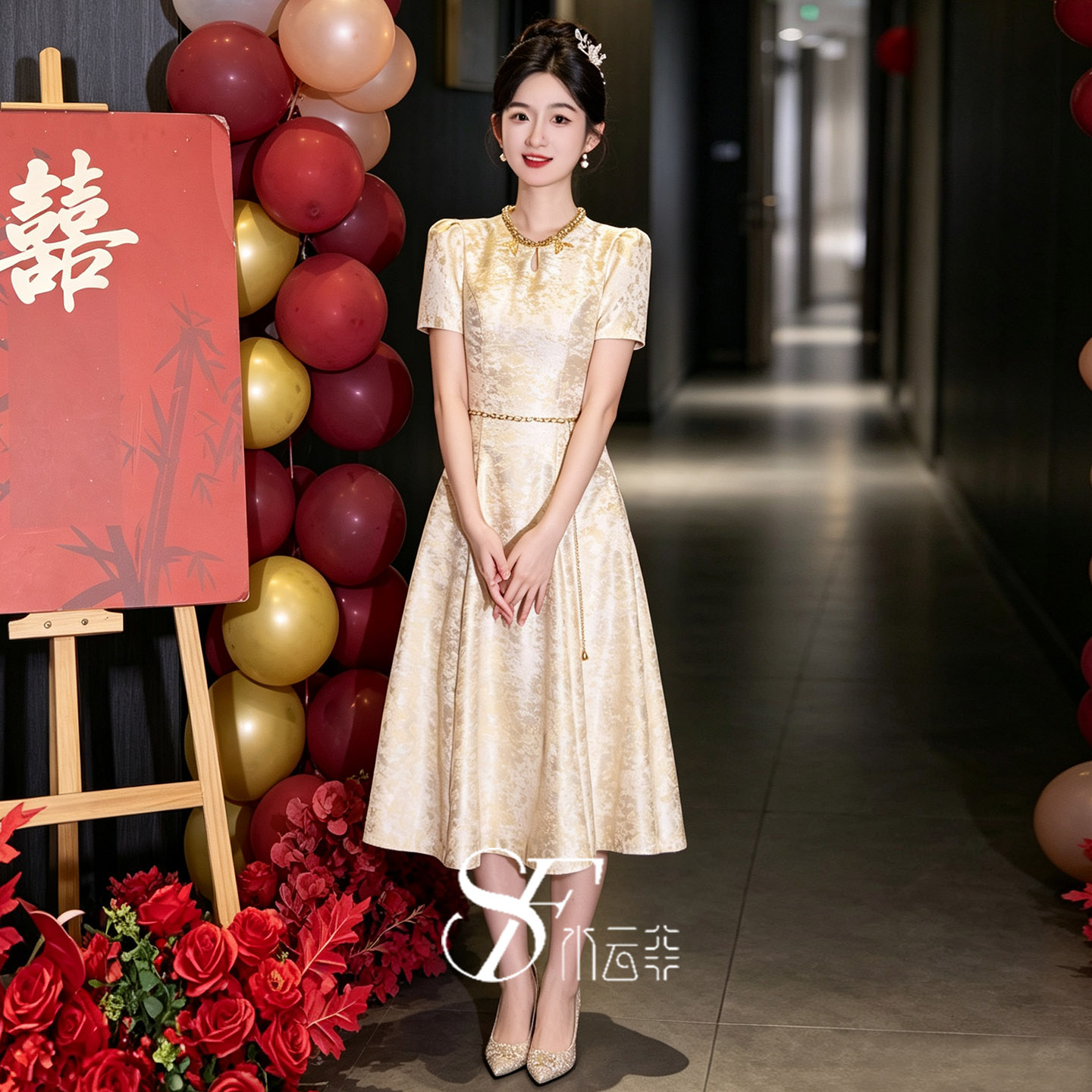绝美新娘敬酒服夏季2026新款香槟色短袖提花结婚年轻人订婚礼服女