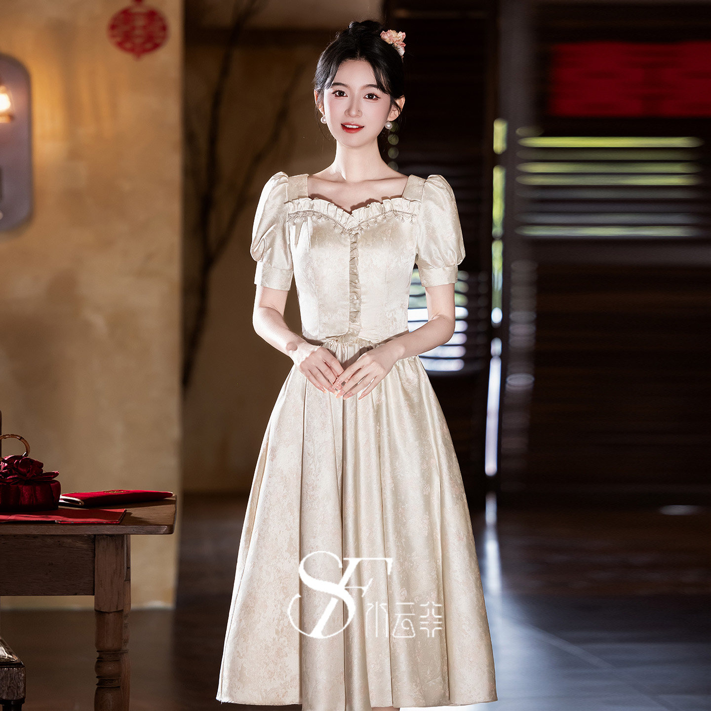 订婚礼服女高级感中长款大方得体漂亮香槟色短袖十八岁成人礼礼裙