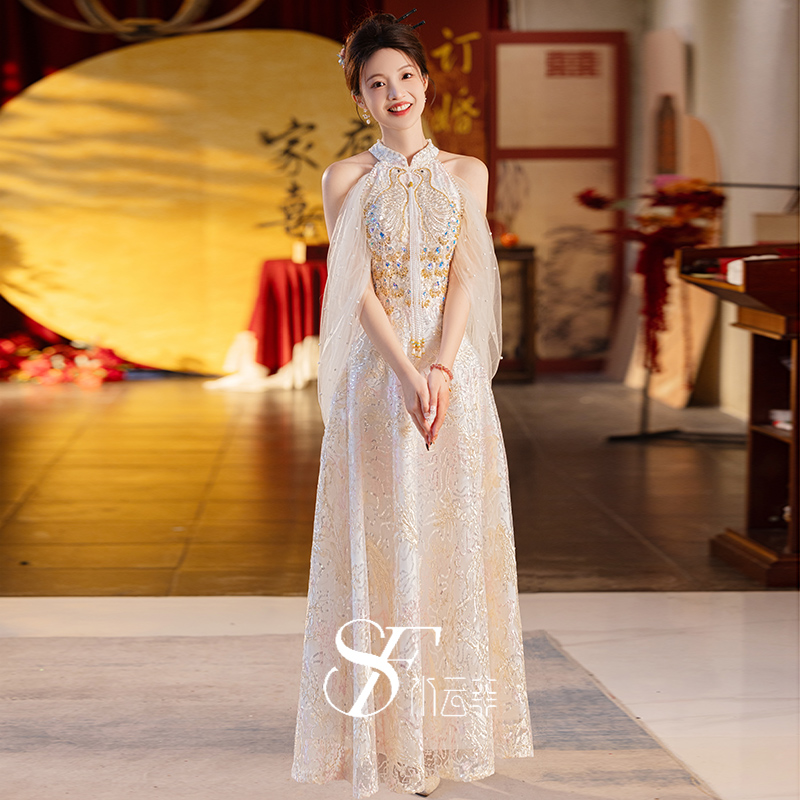 敬酒服新娘2025新款夏季挂脖高级感重工轻奢小众结婚订婚礼服裙女