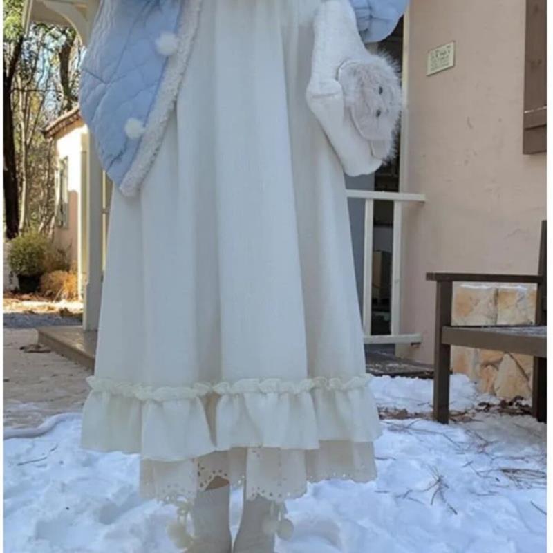 日系软妹米色花边半身裙女秋冬季2025新款甜美少女高腰显瘦中长裙