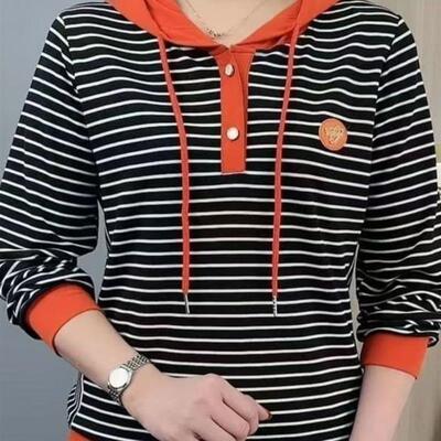连帽拼色卫衣女秋冬季2025新款高档长袖时尚条纹宽松百搭休闲上衣