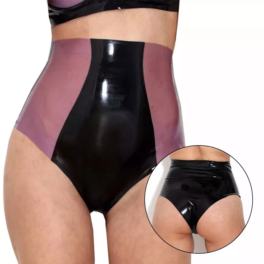 乳胶高腰内裤 透明紫色拼黑色高腰 高弹 定制