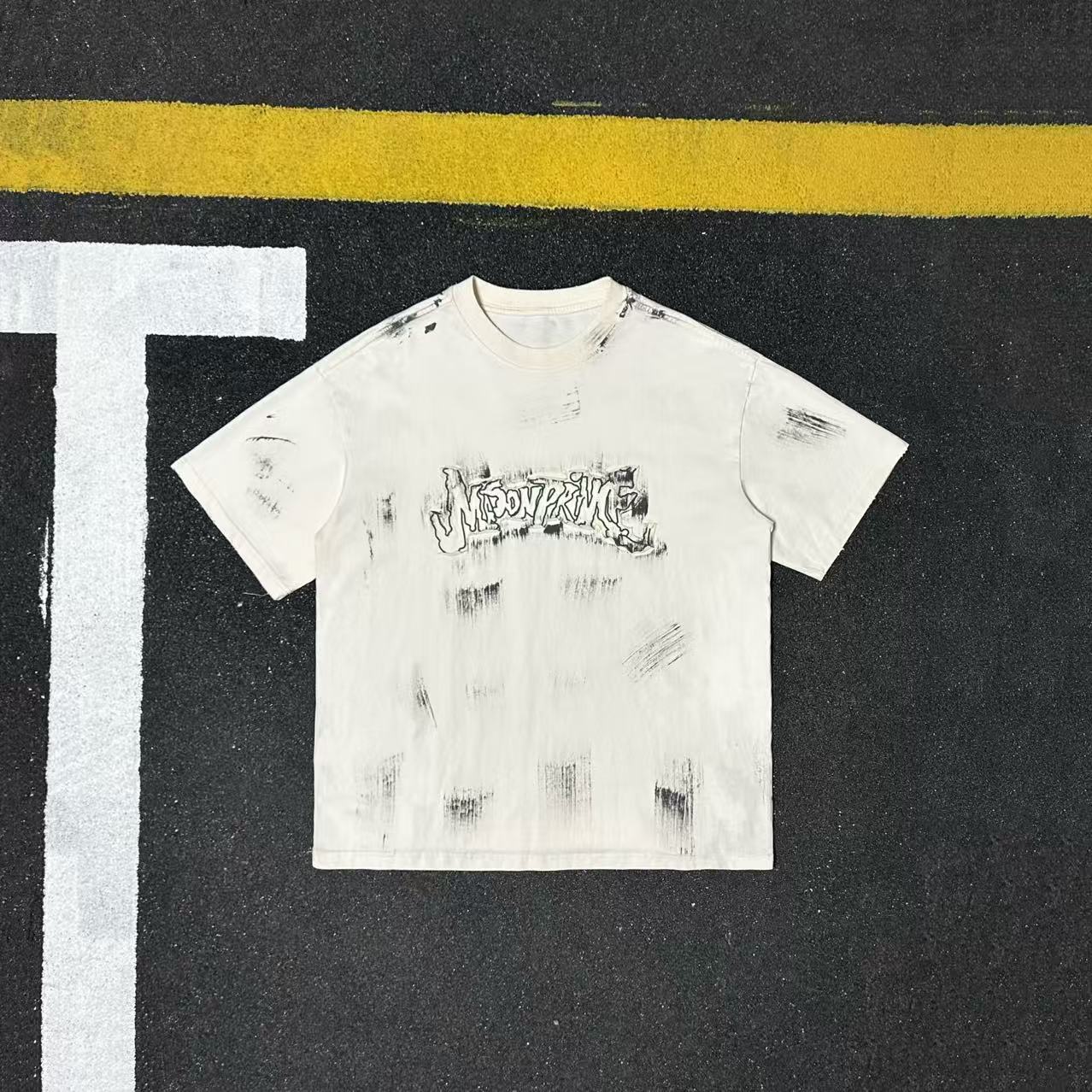 美式全棉街头风手绘贴补刺绣短袖T恤男宽松百搭潮牌设计感上衣