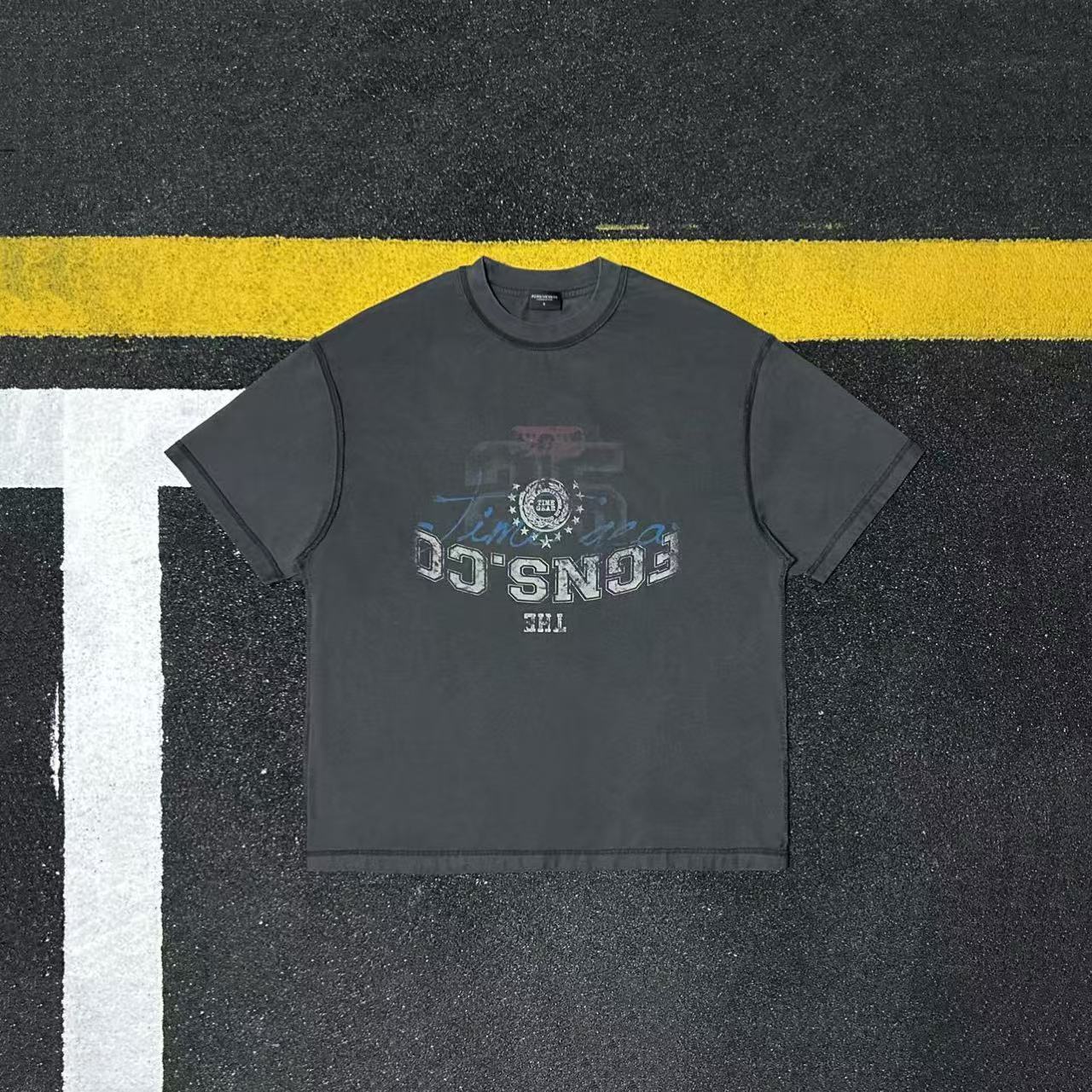 美式重磅全棉印花字母反车线短袖T恤男女宽松百搭上衣