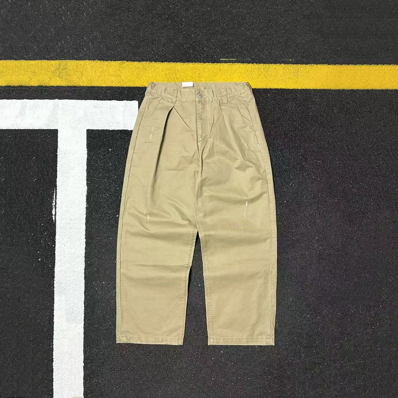 日系极简风全棉水洗猫须磨破休闲裤男宽松直筒长裤卡其色工装裤