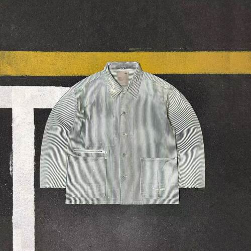 全棉vintage复古风条纹磨破工装夹克男翻领纽扣外套日系工装风