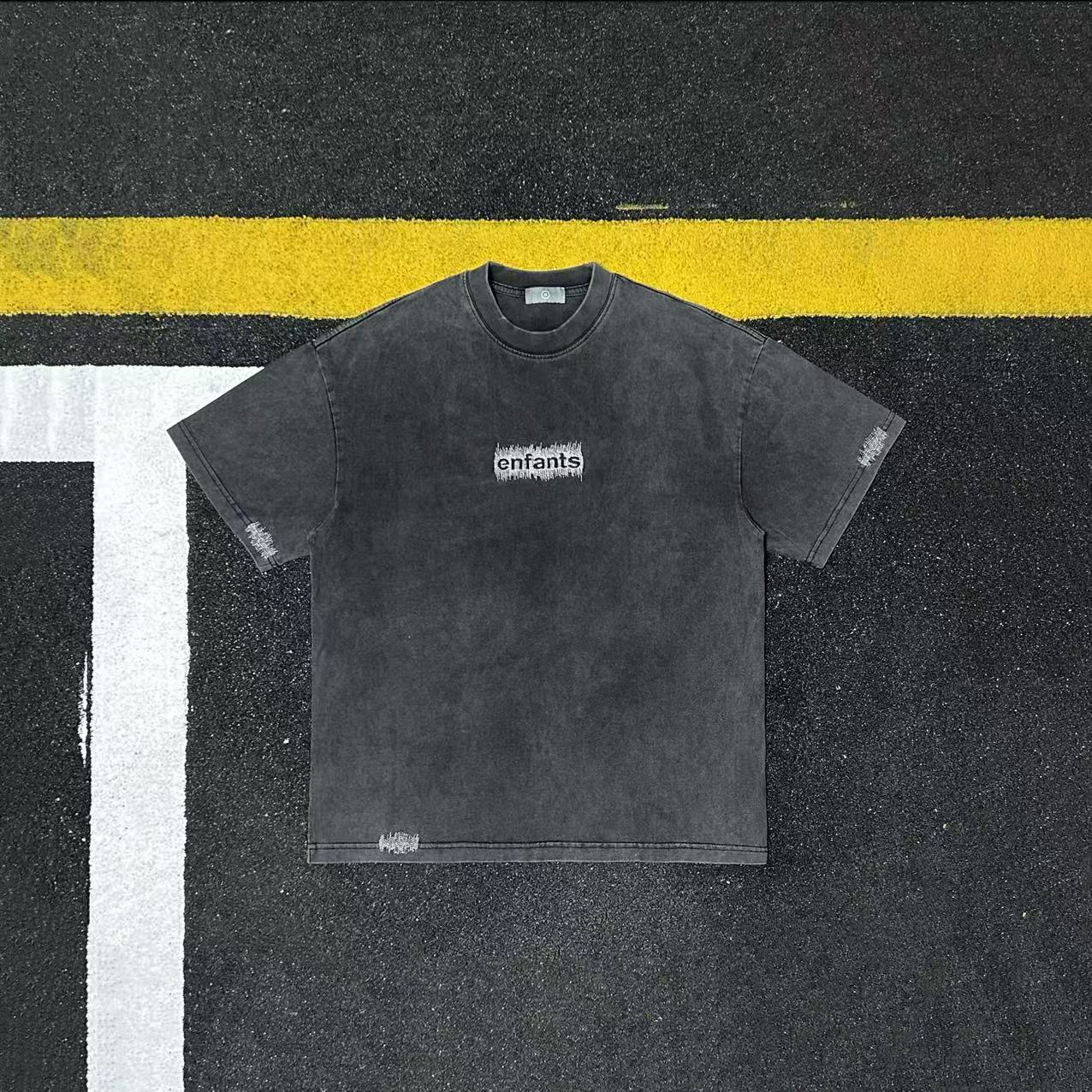 美式重磅全棉水洗做旧字母刺绣短袖T恤男女百搭休闲上衣