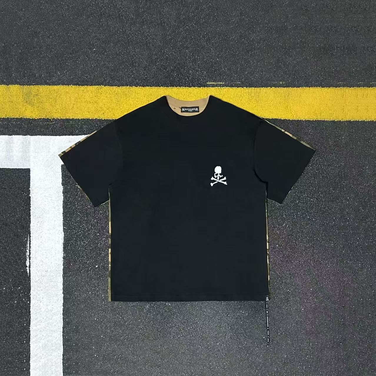 美式暗黑风骷髅头刺绣短袖T恤男女街头潮流宽松圆领迷彩拼接上衣