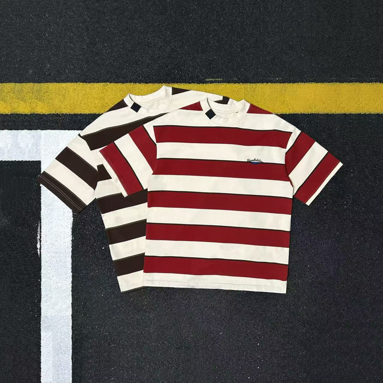 日系重磅纯棉复古条纹短袖T恤男女情侣宽松圆领百搭上衣