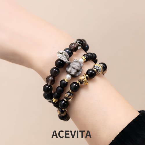 ACEVITA | 黑金刚 天然黑曜石手链轻奢高级银曜石新中式男女手串