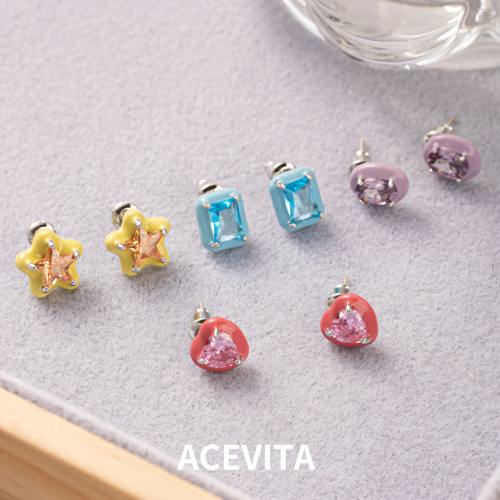 ACEVITA | 多巴胺女孩 时尚可爱耳环彩锆石方块爱心小众百搭耳钉