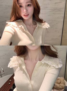 SourceWithU【Chl*e】花鸟蕾丝羊毛针织上衣坑条修身内搭打底衫女