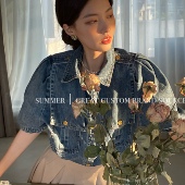 济州往事 本季 当红做旧复古百搭短袖 SourceWithU 牛仔衬衫 女外套