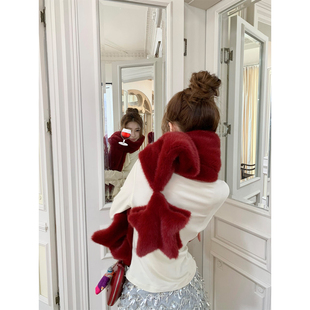 SourceWithU 可爱红色毛绒星星围巾氛围感保暖围脖冬 圣诞幸运星