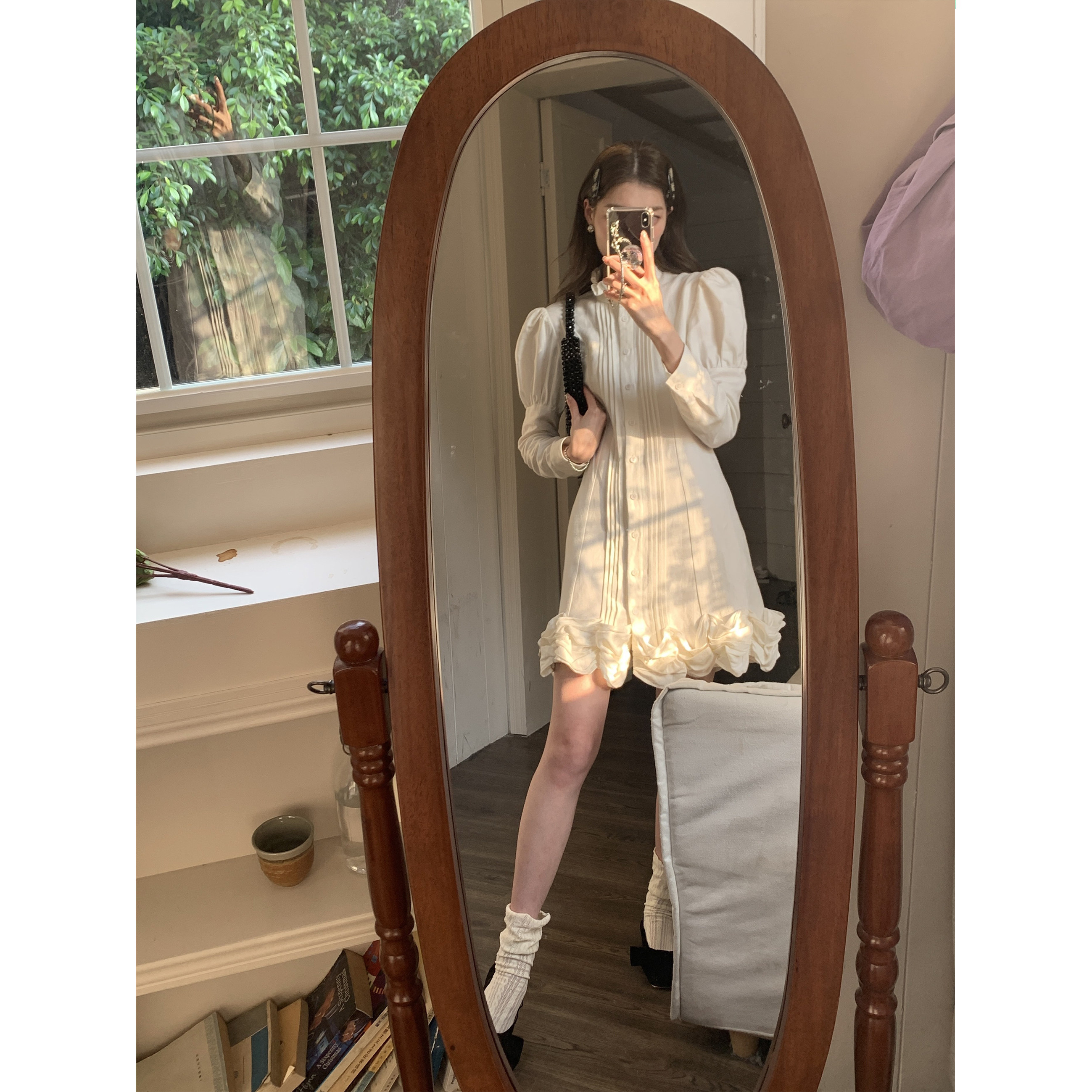 SourceWithU 博洛尼亚画展 原创艺术生双层花边连衣裙白色裙