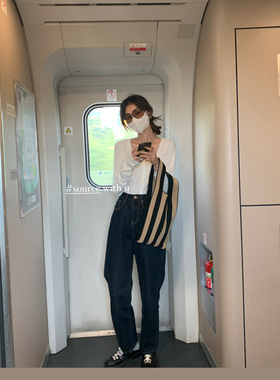 source with u深蓝色高腰显瘦神裤经典设计感宽松直筒牛仔裤女