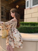 SourceWithU 佛罗伦萨少女 双印花连衣裙一字肩收腰显瘦度假裙