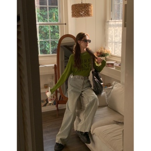 SourceWithU 世纪末辣妹 复古水洗色Y2K时髦阔腿裤拖地显瘦牛仔裤