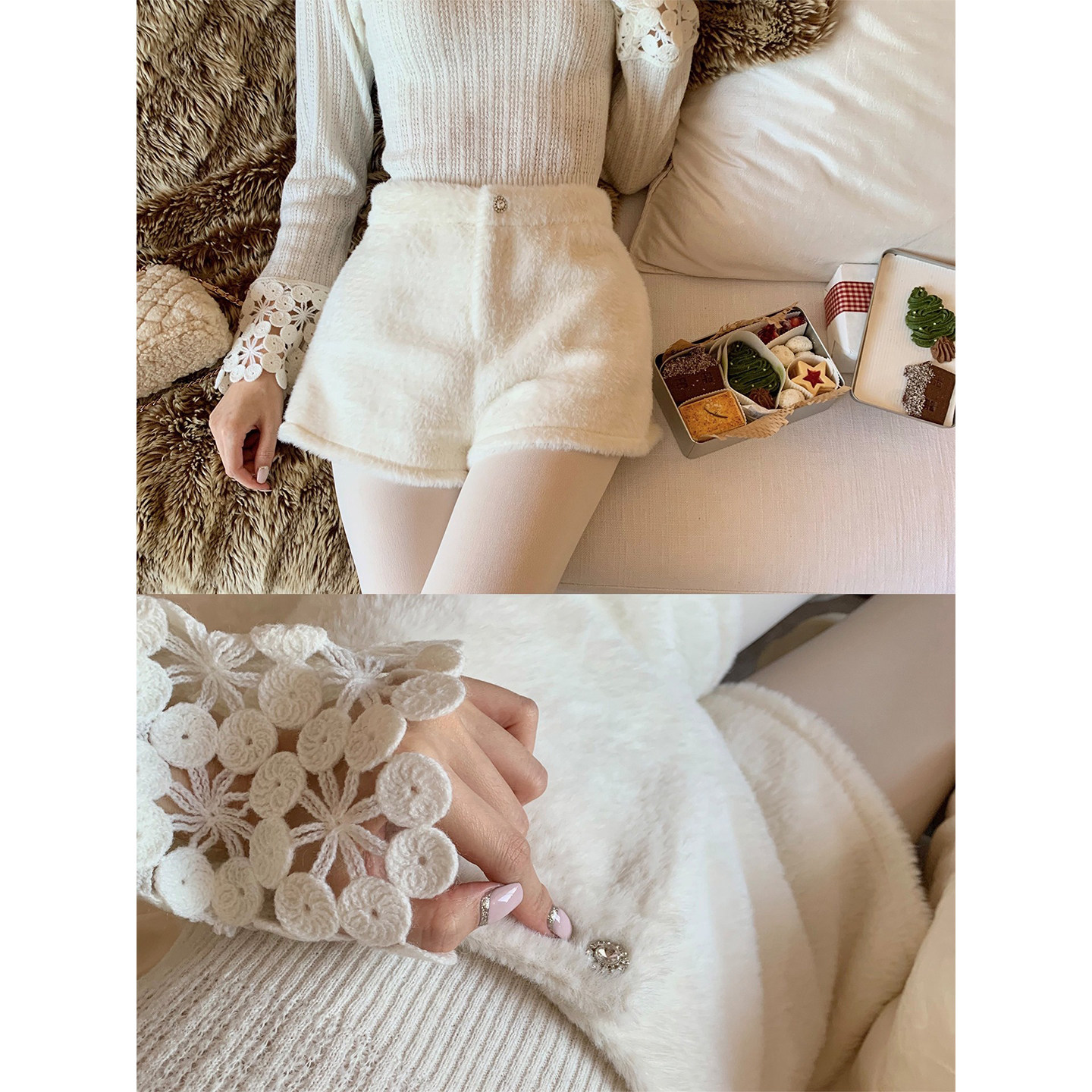 SourceWithU 雪球球 毛茸茸好穿百搭雪地a字短裤白色小香风靴裤冬