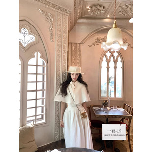 SourceWithU 归国千金 100棉格浮雕玫瑰华夫格斗篷蕾丝拼接半身裙