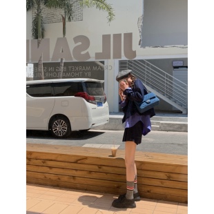 西装 SourceWithU 深蓝色短款 miu系女孩修身 外套女上衣 继承者