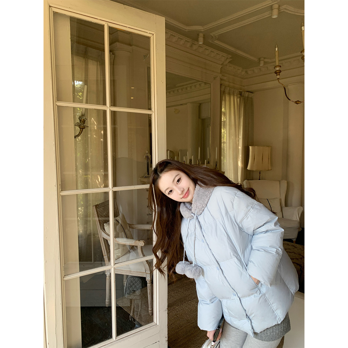 SourceWithU毛绒连帽蓝色羽绒服