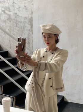 SourceWithU /le smoking/华夫格奶白色小香风外套女阔腿裤套装