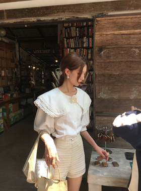 SourceWithU 香雾山茶 山茶花蕾丝泡泡袖衬衫设计感翻领白色上衣