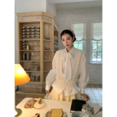 SourceWithU 内搭上衣 V领花边蝴蝶结系带衬衫 清冷白茶 纯棉圆领